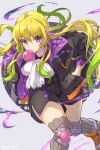  1girl arsene_(monster_strike) black_jacket black_shorts blonde_hair chewing_gum city commentary_request gradient_hair green_hair hand_in_pocket highres jacket knee_guards kuronyan9630 leaning_forward looking_at_viewer low_twintails monster_strike multicolored_hair purple_eyes shoes shorts sidelocks solo standing thick_thighs thighhighs thighs twintails 