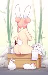  1girl absurdres animal animal_ears ass bamboo breasts commentary completely_nude double_bun english_commentary fiz_(fizintine) fizintine from_behind hair_bun hand_on_own_chest highres large_breasts nude original pink_hair rabbit rabbit_ears rabbit_girl rabbit_tail rock sidelocks sitting solo steam tail towel 