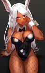  1girl :o a_big_brother animal_ears arm_behind_head bare_shoulders black_background black_bow black_bowtie black_leotard boku_no_hero_academia bow bowtie breasts cleavage covered_navel dark-skinned_female dark_skin detached_collar fishnet_pantyhose fishnets highleg highleg_leotard highres large_breasts leotard long_eyelashes long_hair looking_at_viewer mirko open_mouth pantyhose playboy_bunny rabbit_ears rabbit_girl red_eyes sitting solo strapless strapless_leotard thighs toned twitter_username unaligned_breasts very_long_hair white_hair wrist_cuffs 
