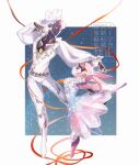  1boy 1girl aria_(robot)_(zenless_zone_zero) aria_(zenless_zone_zero) ballerina billy_kid black_sclera blush clothed_robot colored_sclera commentary_request dancing dress from_side full_body holding holding_hands humanoid_robot ice_ice_mint leg_up long_hair looking_back pants pink_hair robot robot_girl shirt short_hair spiked_hair standing standing_on_one_leg tutu white_hair white_pants white_shirt yellow_eyes zenless_zone_zero 