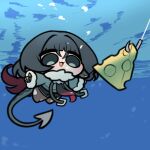  1girl air_bubble animal_ears black_hair black_shorts bubble cheese chibi chibi_only commentary_request earrings fingerless_gloves fish_hook fishing_line food freediving full_body fur-trimmed_sleeves fur_collar fur_trim gloves green_eyes green_jacket hair_between_eyes highres jacket jane_doe_(zenless_zone_zero) jewelry long_hair long_sleeves looking_at_food looking_at_object mouse_ears multicolored_hair necktie nevermind nirvana_(band) open_mouth otu_(o2h2_oh4) outline outstretched_arms pantyhose parody red_hair sharp_tail shorts smile solo spread_arms stud_earrings submerged swimming tail torn_clothes torn_pantyhose two-tone_hair underwater water zenless_zone_zero 