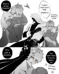  2boys absurdres anger_vein angry armor bandaged_arm bandages bodysuit clenched_hands covered_mouth eliice131 english_commentary english_text feet_out_of_frame from_side gauntlets greyscale hair_between_eyes hand_on_another's_head hand_up highres honkai:_star_rail honkai_(series) long_hair long_hair_between_eyes looking_at_another male_focus monochrome multiple_boys multiple_views muscular muscular_male open_mouth pants pauldrons petting phainon_(honkai:_star_rail) phainon_(khaslana)_(honkai:_star_rail) short_hair shoulder_armor simple_background single_gauntlet single_pauldron sitting speech_bubble squiggle teeth tongue tsundere v-shaped_eyebrows yaoi zephyro 