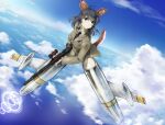  1girl animal_ears black_hair black_necktie blue_sky breasts brown_eyes cloud cloudy_sky commentary_request flying green_jacket gun highres holding holding_gun holding_weapon jacket light_machine_gun long_hair m1918_bar machine_gun medium_breasts memory_(prophet5) necktie original shirt sky solo striker_unit tail weapon white_shirt world_witches_series 