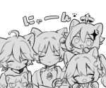  2boys 2girls aether_(genshin_impact) ahoge animal_ears animalization blunt_ends bow bowtie cat cat_boy cat_ears cat_girl choppy_bangs clenched_hands closed_eyes closed_mouth commentary_request diamond_hair_ornament facing_another facing_viewer genshin_impact greyscale hair_ornament halo hand_on_own_arm japanese_clothes kimono leaf leaf_hair_ornament light_blush long_hair looking_at_viewer mandarin_collar mechanical_halo monochrome multiple_boys multiple_girls nahida_(genshin_impact) nontan_4242 open_clothes open_kimono open_mouth paimon_(genshin_impact) paw_pose paw_print person_and_animalization scaramouche_(cat)_(genshin_impact) scaramouche_(genshin_impact) scarf short_sleeves shoulder_peek side_ponytail sidelocks translation_request wanderer_(genshin_impact) white_background 