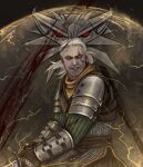  1boy armor beard blood blood_splatter brown_eyes chainmail energy_barrier facial_hair geralt_of_rivia grey_hair highres holding holding_sword holding_weapon long_hair official_alternate_costume pauldrons scar scar_across_eye scar_on_face shoulder_armor solo sword the_witcher_(series) the_witcher_3 trem0rr weapon 