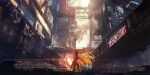  1boy absurdres android armor commentary_request dated energy_sword english_text forehead_jewel from_behind helmet highres holding holding_sword holding_weapon male_focus mega_man_(series) mega_man_zero_(series) narcissus111 red_armor red_helmet solo sword weapon wide_shot z_saber zero(z)_(mega_man) zero_(mega_man) 
