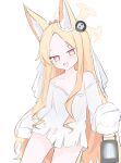  1girl absurdres alternate_costume animal_ears bare_shoulders blue_archive breasts commentary_request fox_ears fox_girl halloween_costume halo highres holding holding_lantern lantern natsuromang open_mouth panties pantyshot seia_(blue_archive) shirt simple_background small_breasts smile solo thighs torn_clothes torn_shirt underwear white_background white_panties white_shirt yellow_eyes yellow_halo 
