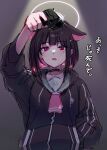  1girl black_background black_choker black_hair black_hoodie blue_archive choker colored_inner_hair from_below glowing glowing_halo gun halo hand_in_pocket handgun highres holding holding_weapon hood hoodie kazusa_(blue_archive) looking_at_viewer multicolored_hair neckerchief open_mouth pink_hair pink_neckerchief red_eyes sailor_collar short_hair simple_background sketch solo spotlight two-tone_hair upper_body weapon yata_mawari 