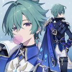  1boy ahoge armor belt belt_collar black_belt black_boots black_gloves blowing_bubble_gum blue_cape blue_shirt boots cape chewing_gum choker coat collar collared_shirt commentary cryo_symbol_(genshin_impact) ear_piercing earrings from_behind genshin_impact gloves gradient_background green_hair hair_between_eyes hair_intakes highres jewelry lohen_(genshin_impact) long_sleeves looking_at_viewer looking_back male_focus mintaro_pu mole mole_under_eye multicolored_eyes pants piercing shirt short_hair shoulder_armor single_earring smile solo thigh_strap twitter_username untranslatable_commentary upper_body vision_(genshin_impact) white_pants 