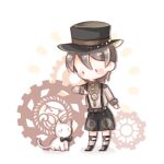  1boy afternoon_coffee_(shining_nikki) animal ankle_socks belt black_belt black_boots black_bow black_bowtie black_eyes black_hat black_shorts blush_stickers boots bow bowtie brown_hair brown_shoes brown_socks cat chibi chinese_commentary clothed_animal collared_shirt commentary_request downturned_eyes grey_hair hair_between_eyes hand_on_own_chest hat interruption_(echo-023) lace-up_boots leg_belt long_sleeves looking_at_animal male_focus nikki_(series) no_mouth notice_lines shadow shining_nikki shirt shoes short_hair shorts sleeve_cuffs socks solid_oval_eyes solo standing striped_clothes striped_shirt striped_socks suspender_shorts suspenders top_hat traditional_bowtie vertical-striped_clothes vertical-striped_shirt vertical-striped_socks white_background white_cat 