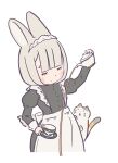  1girl animal animal_ears apron black_dress blunt_bangs calico_(pattern) calico_cat cat closed_mouth commentary cowboy_shot cup decantering dress facing_viewer failure highres holding holding_saucer holding_teapot juliet_sleeves koyaonkoya long_sleeves maid maid_headdress original pouring puffy_sleeves rabbit_ears rabbit_girl rabbit_tail saucer simple_background solo spilling tail teacup teapot untranslatable_commentary waist_apron white_apron white_background you're_doing_it_wrong 