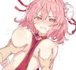  1girl 1other blush breast_grab breasts bun_cover double_bun flower grabbing hair_bun ibaraki_kasen large_breasts looking_at_viewer nipples open_mouth paragasu_(parags112) pink_flower pink_hair pink_rose red_eyes rose short_hair simple_background solo_focus tabard touhou upper_body white_background 