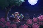  02charaice20 1girl absurdres ascot blonde_hair bow closed_mouth collared_shirt commentary_request crystal crystal_wings flandre_scarlet flower fountain frilled_skirt frilled_wrist_cuffs frills full_moon garden hat hat_bow highres holding holding_flower mob_cap moon multicolored_wings night one_side_up outdoors pink_flower pink_rose pixel_art red_bow red_eyes red_skirt red_vest red_wrist_cuffs rose shirt skirt skirt_set smile solo touhou tree vest white_hat white_shirt wings wrist_cuffs yellow_ascot 