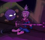  1girl absurdres black_boots blue_eyes boots fangs freckles full_body guitar hair_bobbles hair_ornament highres holding holding_guitar holding_instrument holding_plectrum instrument koffing legruvo lying on_side plectrum pokemon pokemon_(creature) pokemon_black_2_and_white_2 purple_theme roxie_(pokemon) spanish_commentary topknot white_hair 