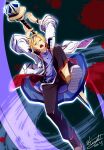  1boy 2026 artist_name attack_trail black_pants blonde_hair blood blood_splatter blue_shirt brown_eyes character_request commentary_request dated double-parted_bangs dutch_angle earrings floating_clothes green_background hair_between_eyes haori highres holding holding_polearm holding_weapon japanese_clothes jewelry kyoto_xanadu leg_up long_sleeves male_focus naginata necklace open_mouth pants pendant polearm shirt shoes shouting sidelocks signature simple_background sneakers solo standing standing_on_one_leg stud_earrings tinybiard tsurime twitter_username v-shaped_eyebrows weapon white_haori wide_sleeves 