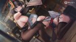  2girls azur_lane backless_outfit bare_shoulders black_hair black_pantyhose black_thighhighs blurry blush bottle breast_curtains breast_rest breasts breasts_on_head chair china_dress chinese_clothes closed_mouth commentary_request copyright_name depth_of_field detached_sleeves dress dutch_angle flower_knot from_side green_headwear hat head_rest highres hwah_jah_(azur_lane) indoors kuybyshev_(azur_lane) lap_pillow large_breasts leviathan_(hikinito0902) looking_at_viewer looking_to_the_side manjuu_(azur_lane) multiple_girls official_art ofuda on_chair on_floor panty_straps pantyhose pelvic_curtain plant purple_eyes qing_guanmao red_eyes red_wine revealing_clothes short_hair sideboob sideless_outfit sitting sleeveless sleeveless_dress smile spill table tassel thighhighs thighs tongue tongue_out white_hair wine_bottle wooden_floor 