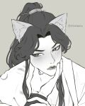  2boys animal_ears artist_request bishounen blush chinese_clothes chinese_hairpin chu_wanning closed_mouth collarbone erha_he_ta_de_bai_mao_shizun fox_ears frown furrowed_brow grey_background hair_ornament hair_stick hand_on_another's_arm hand_on_another's_face hanfu hickey high_ponytail highres holding_another's_arm holding_another's_wrist kemonomimi_mode long_hair long_sleeves looking_at_another looking_to_the_side makeup male_focus monochrome multiple_boys parted_bangs ponytail portrait pov pov_hands robe simple_background solo_focus twitter_username upper_body xiao_guan_(headdress) yaoi 