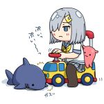  1girl black_pantyhose blue_eyes commentary_request frown grey_hair grey_sailor_collar grey_skirt hair_ornament hair_over_one_eye hairclip hama!_(3toshinhmkz) hamakaze_(kancolle) kantai_collection neckerchief no_nose pantyhose pleated_skirt riding sailor_collar school_uniform serafuku short_hair simple_background skirt solo stuffed_animal stuffed_octopus stuffed_shark stuffed_toy toy_truck white_background yellow_neckerchief 