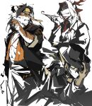  3boys arknights chinese_commentary dragon_boy dragon_horns fish_boy furry furry_male furry_with_furry highres holding holding_smoking_pipe horns huai_tianpei_(arknights) lee_(arknights) long_hair male_focus multiple_boys one_eye_covered round_eyewear smoking_pipe tatakaihongsezhandoumoshi tiger_boy wei_yenwu_(arknights) white_background 