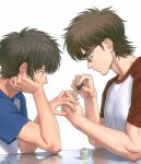  2boys adam's_apple applying_another's_manicure applying_manicure blue_sleeves brown_eyes brown_hair closed_mouth commentary_request daiya_no_ace dated deja_vu_(zxmm00310400) elbow_rest grabbing_another's_hand hand_on_own_cheek hand_on_own_face highres male_focus miyuki_kazuya multiple_boys nail_polish nail_polish_brush painting_fingernails raglan_sleeves red_sleeves sawamura_eijun shirt short_hair sideburns simple_background sitting t-shirt upper_body white_background white_shirt 
