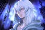  1boy bangs blue_eyes blurry blurry_background cage chain collarbone final_fantasy final_fantasy_xiv from_side hair_between_eyes highres hood hood_down kin_mokusei looking_at_viewer male_focus medium_hair parted_lips portrait serious solo themis_(ff14) white_hair 