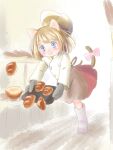  1girl animal_ears apron baseball_cap blue_eyes boots bow bread brown_apron brown_hair buttons cat_ears cat_girl cat_tail clumsy commentary_request double-breasted dropping falling food grey_boots grey_mittens hat highres holding holding_tray indoors jacket looking_at_food medium_hair mittens open_mouth original oven_mitts pink_bow red_skirt skirt solo tail tail_bow tail_ornament tray tripping waist_apron wanda_(wondaba) white_hat white_jacket 
