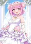  1girl absurdres alternate_costume bare_shoulders blush breasts brown_eyes commentary commission day dress elbow_gloves elegant_(sumisumi4268) flower gloves hair_between_eyes hair_flower hair_ornament heart-shaped_lock heart_pendant highres hoshizaki_akari looking_at_viewer medium_breasts medium_hair ongeki open_mouth pink_flower pink_hair signature skeb_commission solo strapless strapless_dress veil white_dress white_gloves white_veil 