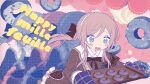  1girl armband blue_eyes blush_stickers bow bowtie brown_bow brown_bowtie brown_dress brown_hair buttoned_cuffs buttons chocolate chocolate_print commentary_request donut dress emblem food food_print frilled_dress frills gakuen_idolmaster hair_bow half_updo happy_mille-feuille_(idolmaster) high_collar highres himesaki_rinami holding holding_tray idolmaster long_sleeves official_alternate_costume official_art oven_mitts pearl_hairband ponytail sailor_collar sidelocks tray wavy_mouth white_sailor_collar wing_collar wotoha 