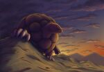  brown_eyes claws closed_mouth cloud commentary derivative_work english_commentary fangs golem_(pokemon) mountainous_horizon no_humans official_art_redraw outdoors pokemon pokemon_(creature) pokemon_focus pokemon_tcg sky solo squeekleen2 