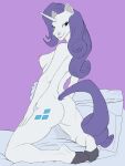  2022 anthro anthrofied breasts butt cutie_mark equid equine f_draws female friendship_is_magic full-length_portrait hair hasbro hi_res horn kneeling looking_back mammal my_little_pony nipples nude nude_anthro nude_female portrait purple_hair purple_tail rarity_(mlp) rear_view solo tail unicorn white_body 
