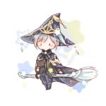  1boy animal black_cat black_eyes black_shirt black_shoes blue_bow blue_bowtie blue_cloak blue_hat blue_shorts blue_thighhighs blush_stickers bow bowtie broom broom_riding cat chibi chinese_commentary cloak commentary_request constellation_print expressionless frilled_bowtie grey_hair hat interruption_(echo-023) long_sleeves looking_ahead male_focus no_mouth print_cloak print_thighhighs quanzhi_gaoshou shirt shoes short_hair shorts solid_oval_eyes solo star_(symbol) star_symbol_background starry_sky_print thighhighs wang_jiexi white_background wizard wizard_hat 