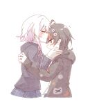  2girls alternate_costume black_hair blazer blush chinese_commentary closed_eyes commentary_request commission face-to-face flying_sweatdrops from_side highres hood hood_down hooded_jacket jacket kiss kissing_forehead long_sleeves looking_at_another mahou_shoujo_no_majo_saiban multiple_girls necktie nose_blush profile red_necktie sakuraba_ema san_hua_xiao_mao_chu sawatari_coco second-party_source short_hair simple_background upper_body white_background white_hair yuri 