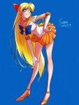  1girl aino_minako bishoujo_senshi_sailor_moon blonde_hair blue_background blue_bow blue_bowtie blue_eyes bow bowtie breasts choker cleavage closed_mouth commentary dated earrings elbow_gloves full_body gloves hair_bow hand_on_own_hip hand_on_own_knee high_heels highres jewelry long_hair looking_at_viewer magical_girl miniskirt orange_choker orange_sailor_collar orange_shoes orange_skirt pleated_skirt red_bow sailor_collar sailor_senshi sailor_senshi_uniform sailor_venus shoes signature simple_background skirt smile solo stud_earrings suppon222239 very_long_hair white_gloves 