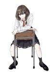  1girl absurdres arm_rest asymmetrical_hair black_shoes black_skirt black_socks bow brown_eyes brown_hair chair closed_mouth collared_shirt commentary hair_between_eyes hair_bow highres kashiwada_kiiho loafers long_sleeves looking_at_viewer medium_hair missing_headwear necktie red_necktie ribbon-trimmed_skirt ribbon_trim shirt shoes simple_background sitting sitting_backwards skirt smile socks solo touhou usami_renko white_background white_bow white_shirt 