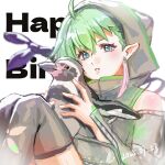  absurdres animal bare_shoulders blue_eyes collared_jacket earrings green_hair happy_birthday highres holding holding_animal hood jacket jewelry long_sleeves looking_at_viewer macross macross_delta nekkikamille pointy_ears reina_prowler short_hair thighhighs 