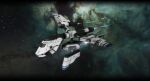  3d absurdres cloud combat_ship_(eve_online) commentary concord_assembly_(eve_online) daniel_matthews english_commentary eve_online exploration_ship_(eve_online) flying frigate_(eve_online) glowing green_background highres letterboxed military_vehicle nebula no_humans official_art outdoors photoshop_(medium) prototype_design realistic science_fiction space spacecraft star_(sky) starry_sky_background thrusters vehicle_focus vignetting 