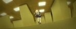  1girl 3d_background absurdres backrooms_(creepypasta) bandaid bandaid_on_knee bandaid_on_leg black_shoes black_socks blue_archive blue_necktie blue_shirt blue_skirt ceiling ceiling_light chromatic_aberration commentary dutch_angle floral_print floral_print_shirt fluorescent_lamp grey_hair grey_halo grey_jacket gun halo hand_in_pocket hand_on_own_head hawaiian_shirt highres indoors jacket konoka_(blue_archive) korean_commentary liminal_space long_hair loose_necktie mask mask_pull miniskirt mixed_media mouth_mask mouth_mask_over_eyes necktie open_mouth pleated_skirt print_shirt pump_action remington_870 shirt shoes shotgun skirt socks solo somgolmae standing surgical_mask tile_ceiling tiles untied_shoelaces weapon weapon_on_back white_mask wide_shot yellow_theme 