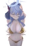  1girl absurdres ako_(blue_archive) alternate_costume anger_vein angry bikini blue_archive blue_eyes blue_hair blue_hairband blue_halo breasts cho_ss_1 cleavage closed_mouth commentary_request cowboy_shot gold_bikini hair_between_eyes hairband halo highres large_breasts long_hair looking_at_viewer navel partial_commentary revision simple_background solo split_mouth stomach swimsuit white_background 