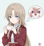  1girl :3 :d abiko_hiromi ahoge animal animalization aqua_background artist_name assault_lily belt belt_buckle blue_eyes blue_ribbon blush brown_hair brown_sailor_collar buckle buttons center_frills closed_mouth commentary_request cup dog flower frilled_shirt frills green_eyes hair_flower hair_ornament hands_up heterochromia high-waist_skirt holding holding_cup inoguchi_minto jewelry kanba_girls_high_school_uniform long_hair long_sleeves looking_at_viewer motion_lines parted_bangs partially_unbuttoned red_belt red_shirt red_skirt ribbon ring sailor_collar school_uniform serafuku shibukawa_chie shirt skirt smile sparkle speech_bubble tea teacup thought_bubble translated two-tone_background upper_body white_background white_flower white_shirt 
