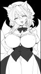  1girl alternate_costume animal_ears breasts cleavage commentary fang fox_ears fox_girl fox_tail greyscale hand_on_hip hat high_contrast highres juliet_sleeves kitsune large_breasts long_sleeves looking_at_viewer maid mizuga monochrome multiple_tails open_mouth puffy_sleeves short_hair skin_fang smile solo symbol-only_commentary tail touhou yakumo_ran 
