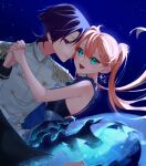  1boy 1girl alternate_costume aqua_eyes armpit_crease artist_self-insert belt black_cape blue_cape blue_dress blunt_ends breasts cape clear_sky closed_mouth collared_shirt couple crescent crescent_earrings dress earrings epaulettes eyelashes formal_clothes frilled_dress frills gem genshin_impact glint glowing_dress gold_belt gold_earrings hair_between_eyes hand_up happy heads_together hetero highres holding_hands interlocked_fingers jacket jewelry long_hair long_sleeves looking_at_viewer medium_dress moonlight night nozumi_yuuna_(yoontrsh) oc_x_canon open_mouth orange_hair original pink_lips purple_eyes purple_gem purple_hair scaramouche_(genshin_impact) shirt single_hair_intake sky sleeveless sleeveless_dress small_breasts smile star_(sky) starry_sky teeth tongue tsurime twintails two-sided_cape two-sided_fabric white_jacket white_sleeves yoontrsh 
