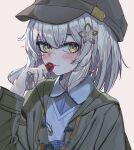  1girl absurdres arknights black_hat blush camera camera_around_neck candy chinese_commentary collared_shirt commentary fingernails flat_cap food green_jacket grey_background hair_ornament hat heart highres holding holding_candy holding_food holding_lollipop jacket licking lollipop long_sleeves medium_hair nan_ji_yun official_alternate_costume scene_(arknights) scene_(unseen_terrain)_(arknights) shirt simple_background solo star_(symbol) star_hair_ornament tongue tongue_out upper_body white_hair white_shirt yellow_eyes 