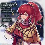  1girl absurdres alt_text anna_(fire_emblem) anna_(fire_emblem:_fortune's_weave) armor braid breasts commentary drooling earrings english_commentary english_text finger_to_face fire_emblem fire_emblem:_fortune's_weave hair_between_eyes half-closed_eyes highres hypnosis jewelry medium_breasts mind_control missingtexture pendulum ponytail red_eyes red_hair solo upper_body vambraces 