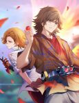 2boys ankh_(ooo) brown_hair commentary_request core_medal cowboy_shot feathers henshin_pose hino_eiji kamen_rider kamen_rider_ooo_(series) male_focus multiple_boys ooo_driver red_feathers red_shirt rider_belt shirt short_hair tsuezu white_shirt 