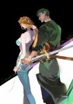  1boy 1girl bikini bikini_top_only blue_pants breasts commentary denim feet_out_of_frame from_behind green_bikini green_hair hand_in_own_hair highres jeans katana large_breasts long_hair multiple_swords nami_(one_piece) one_piece orange_hair pants profile roronoa_zoro sheath sheathed standing swimsuit sword weapon xiaonan0622 