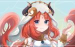  1girl absurdres artist_name bare_shoulders blue_background blue_eyes blue_gem blush bracer breasts brooch circlet closed_mouth clothing_cutout commentary dancer detached_sleeves fake_horns floating_hair gem genshin_impact gold_trim gradient_background hands_up harem_outfit highres horns jewelry long_hair long_sleeves looking_at_viewer low_twintails medium_breasts neck_ring nekomiya_mint nilou_(genshin_impact) parted_bangs puffy_long_sleeves puffy_sleeves red_hair shoulder_cutout signature simple_background smile solo twintails upper_body veil very_long_hair watermark watermark_grid white_headdress white_sleeves white_veil 