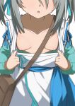  1girl bag blue_ribbon breasts breasts_out grey_hair hair_ribbon head_out_of_frame highres morisobo nipples oda_nobuna_no_yabou ribbon shoulder_bag simple_background small_breasts solo takenaka_hanbee_(oda_nobuna_no_yabou) twintails white_background 