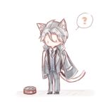  1boy ? animal_ears black_eyes black_scarf black_shoes blush_stickers business_suit canned_tuna cat_ears cat_tail chibi chinese_commentary coat coat_on_shoulders collared_coat collared_jacket collared_shirt commentary_request confused dress_shoes ear_flower flower grey_coat grey_hair grey_jacket grey_necktie grey_pants grey_suit grey_vest hair_between_eyes interruption_(echo-023) jacket kemonomimi_mode lapels looking_at_food male_focus mercury_(shining_nikki) necktie nikki_(series) no_mouth notched_lapels open_clothes open_jacket pants scarf shining_nikki shirt shoes short_hair simple_background solid_oval_eyes solo speech_bubble spoken_question_mark standing suit suit_pants tail vest white_background white_flower white_shirt 
