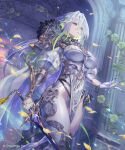  1girl armor blue_eyes breasts cape choker colored_inner_hair column commentary_request copyright_notice covered_underboob cowboy_shot falling_petals from_below fur_trim glint gloves green_choker grey_hair groin hair_between_eyes half_gloves heartless_strategist highres holding holding_sword holding_weapon large_breasts leotard long_hair looking_ahead mole mole_under_eye multicolored_hair official_art pauldrons pelvic_curtain pendant_choker petals pillar plackart purple_gloves purple_leotard scabbard shadowverse shadowverse:_worlds_beyond sheath shoulder_armor solo sword two-sided_cape two-sided_fabric unsheathed vambraces vaulted_ceiling weapon yanagawa_eri 