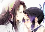 absurdres banyuan_(semi_shino) black_hair butterfly_hair_ornament close-up closed_eyes closed_mouth commentary_request crying crying_with_eyes_open from_side frown hair_ornament highres kimetsu_no_yaiba kiss kissing_forehead kochou_kanae kochou_shinobu long_hair multicolored_hair parted_bangs puckered_lips purple_eyes purple_streaks sad short_hair siblings sidelocks signature simple_background sisters streaked_hair tears white_background 